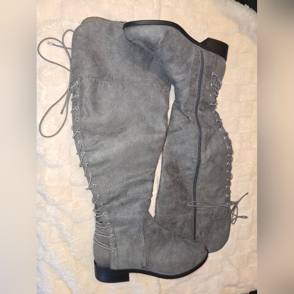 Lace Up Thigh High Boots in Grey Suede-Torrid